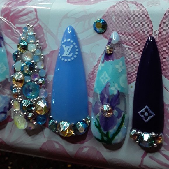 Handmade Hard Gel XL Stiletto "Louie Vuitton" Theme Luxury & Floral Style Press - Picture 2 of 10